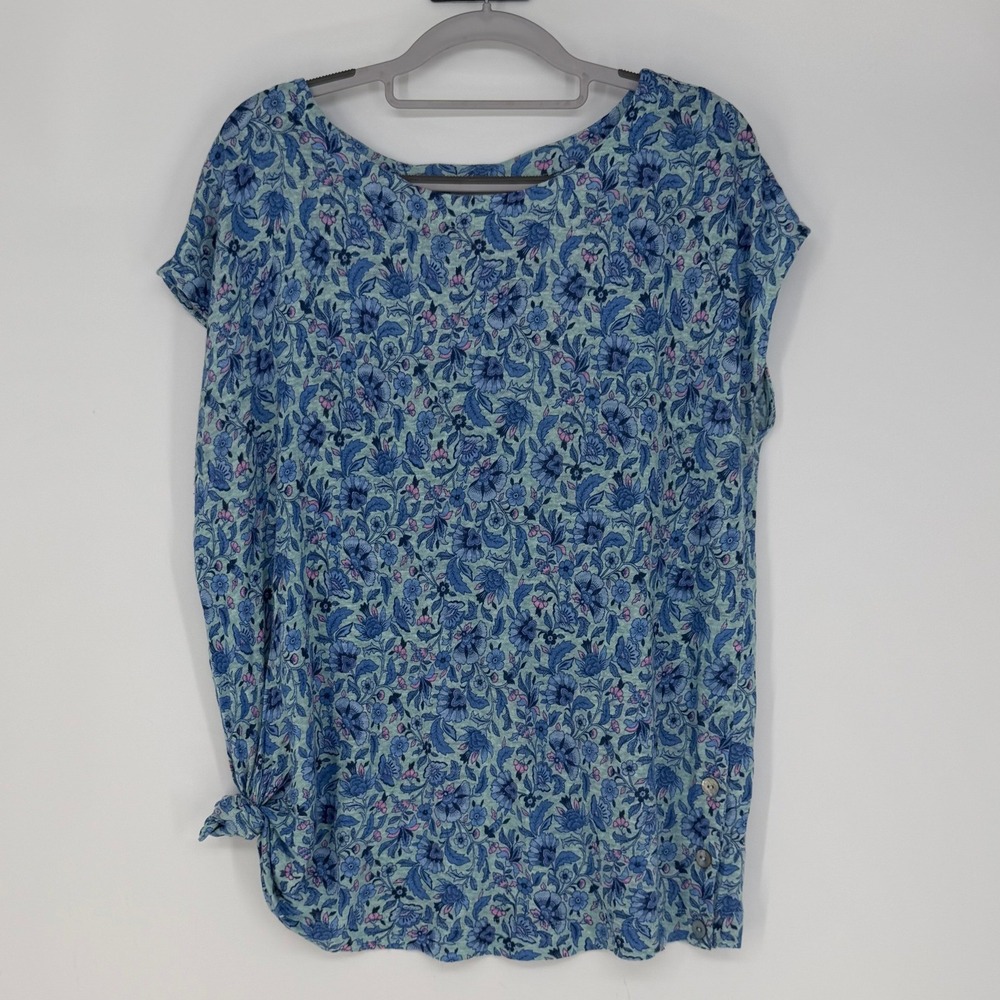 J. Jill Top Women L Blue Floral 100% Linen Side Button Knot Coastal Boho Coastal